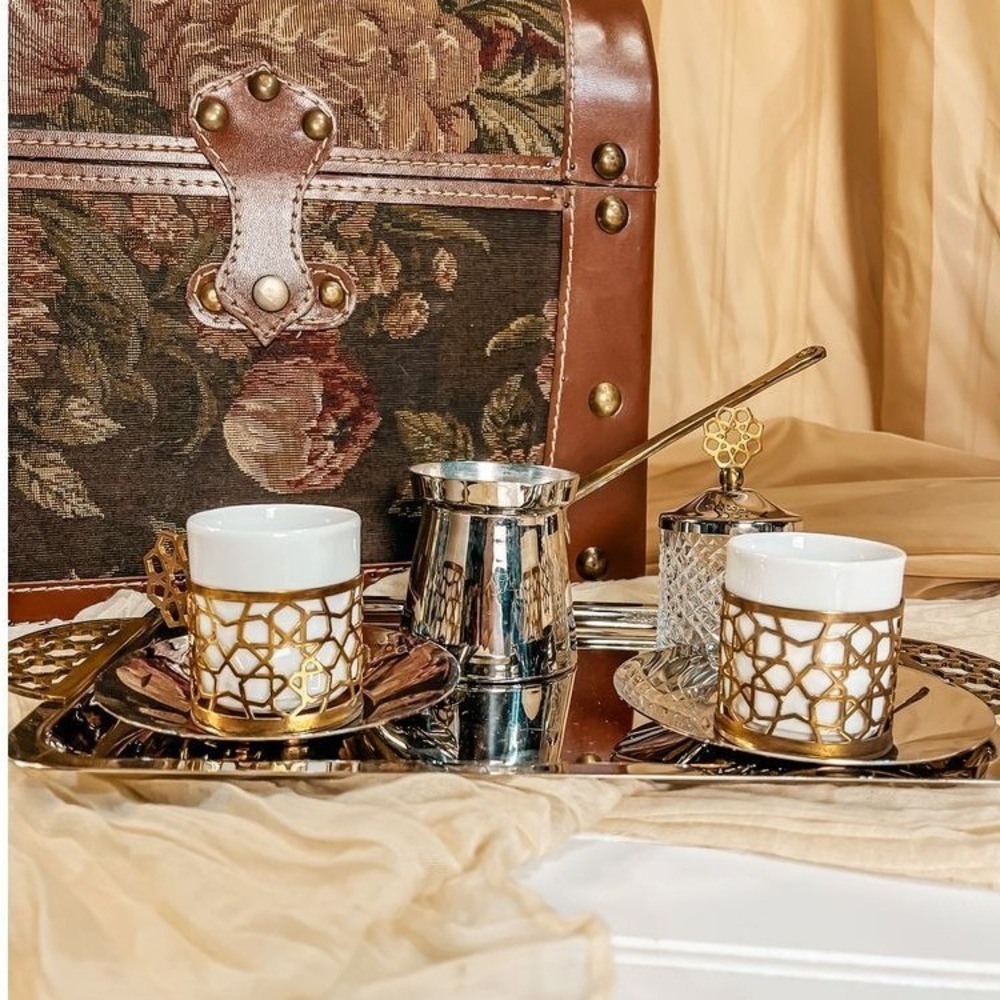 Silver and Gold Metal with Porcelain Serving Tea Set - Picture 4 of 4